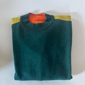 Babaa sweater. 100% merino wool. Green with orange and yellow accents